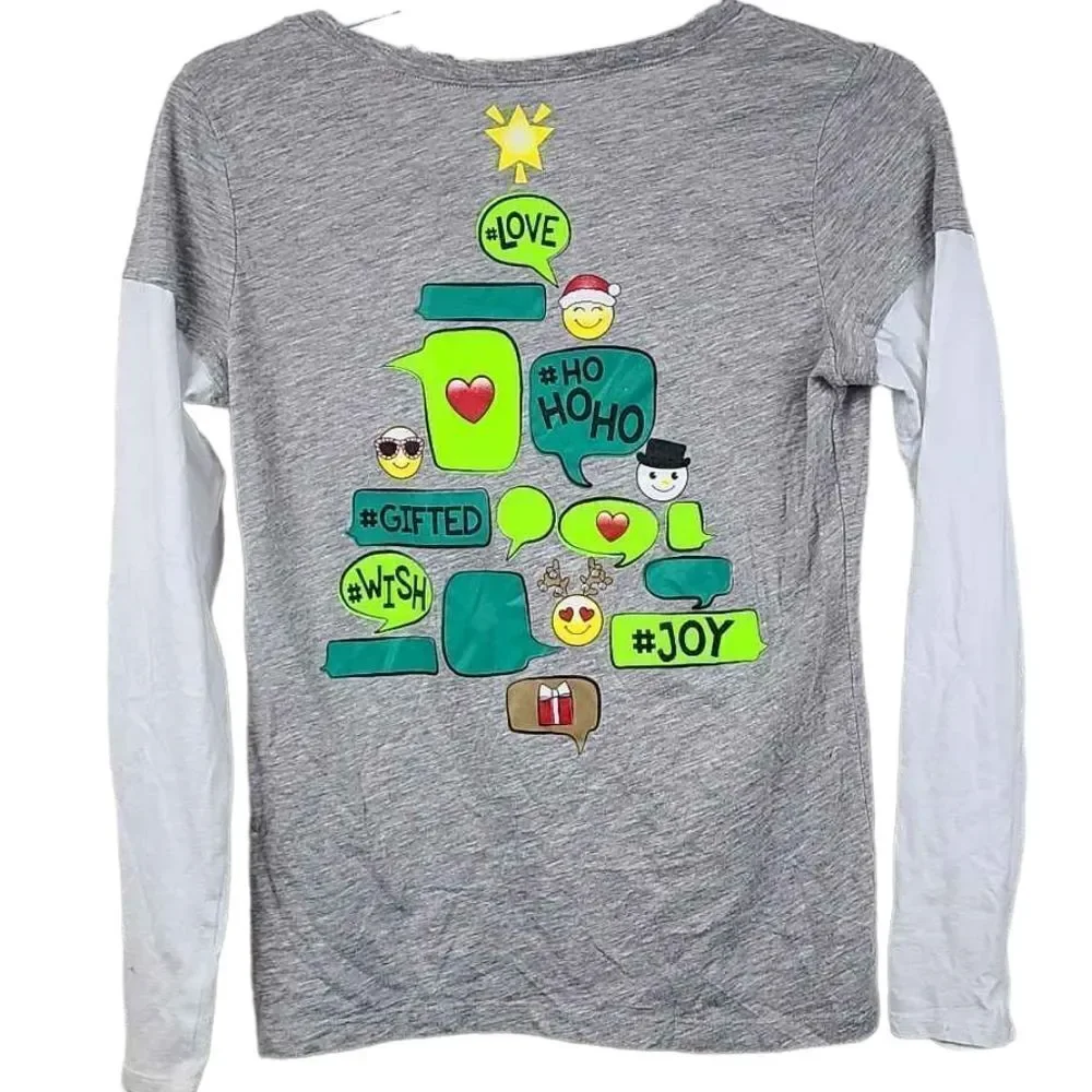 Justice Christmas Tree Girls 14 Emoji Text Bubble Holiday T-Shirt Gray Tee Shirt